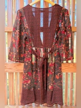 Apostrophe Sheer Floral Boho Dress Tie Back Long Sleeve Size L